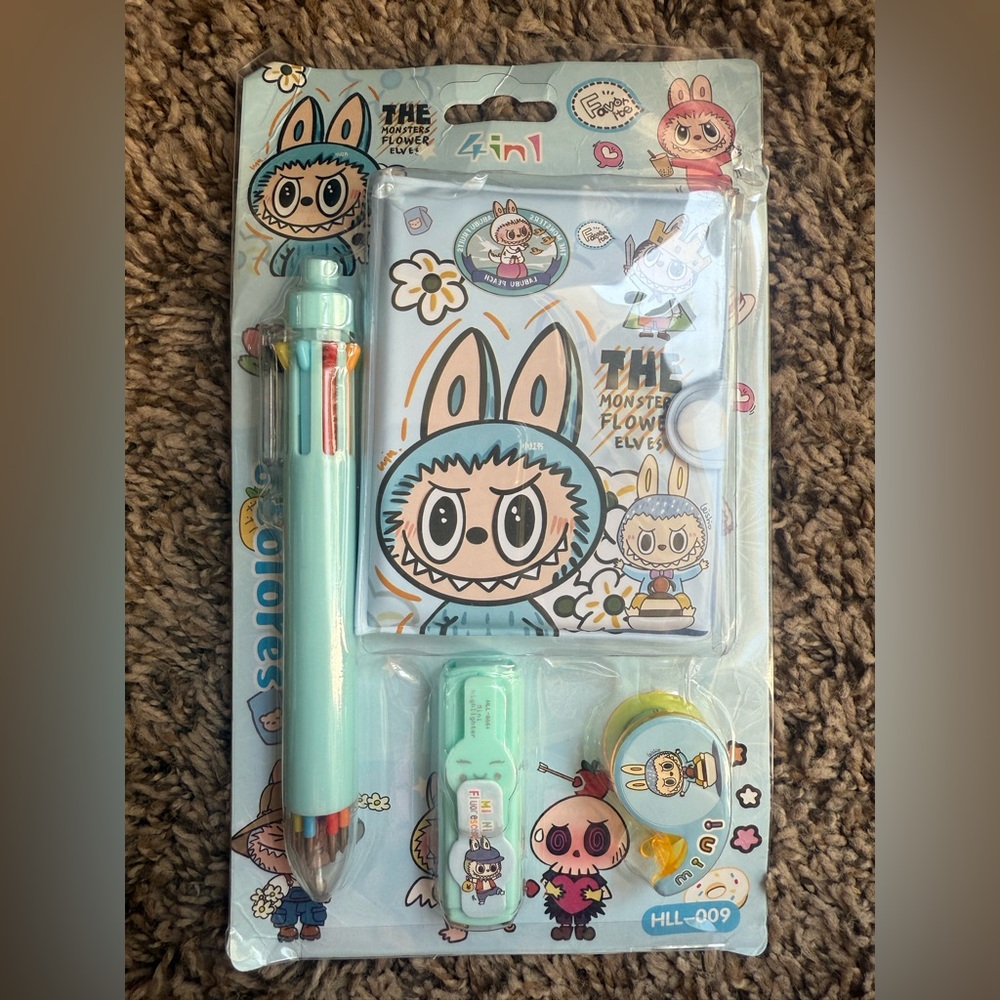 Labubu Stationery Set, Pen, Notebook, Marker & Tape, Blue Color